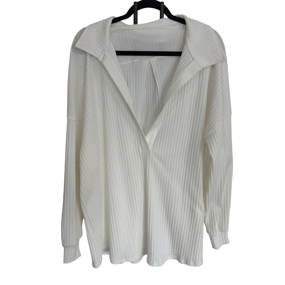 NWT Ribbed White Collared Blouse V Neck Long Sleeve Relaxed Fit Tunic Top